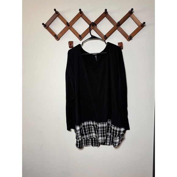 Massini Tops - Massini Womens 3X Black Mixed Media Plaid Hem Tunic Long Sleeve Scoop Neck Top